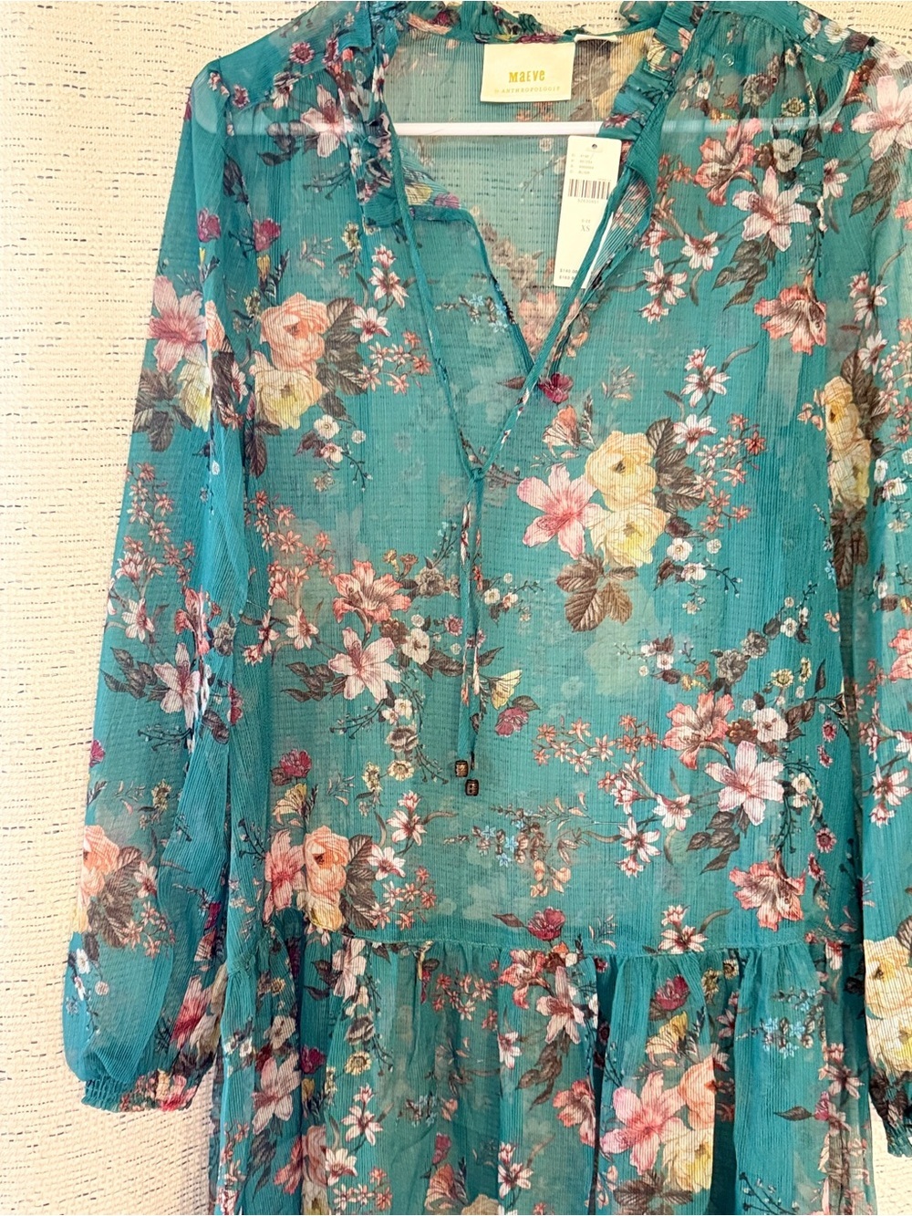 NWT Anthropologie Maive Teal Floral Ruffle-Trim Sheer Long-Sleeve Dress. Size XS - Picture 8 of 16